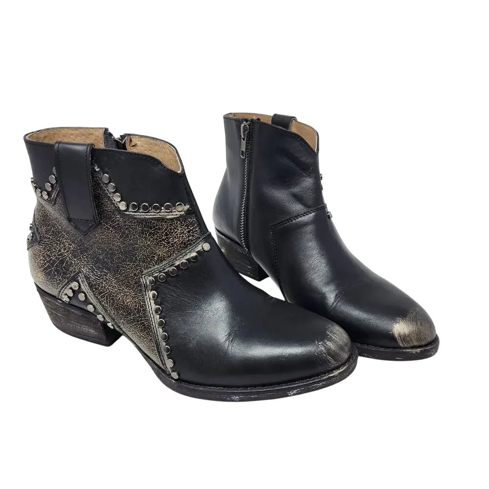 Corral Circle G Black Cowhide Leather Star Inlay Studded Zip Ankle Boots Sze 10
